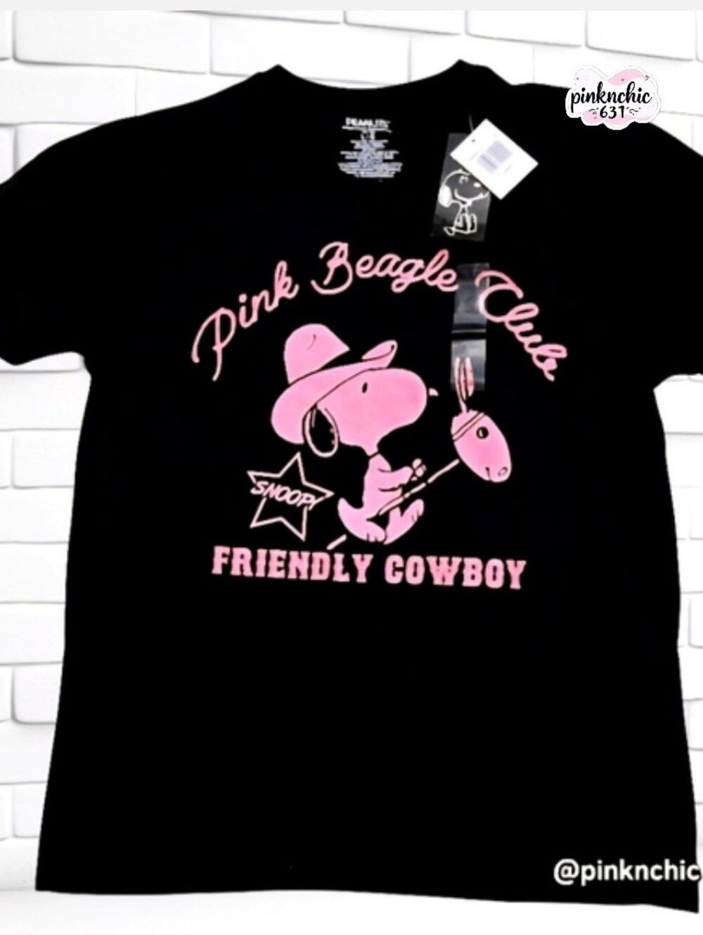 Peanuts Snoopy Pink Beagle Pony Club Black Graphic Shirt Size Large